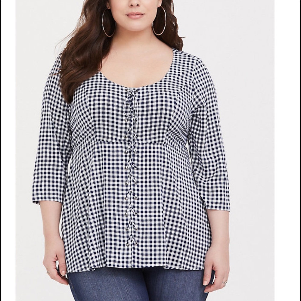 Torrid lace-up navy gingham baby doll top